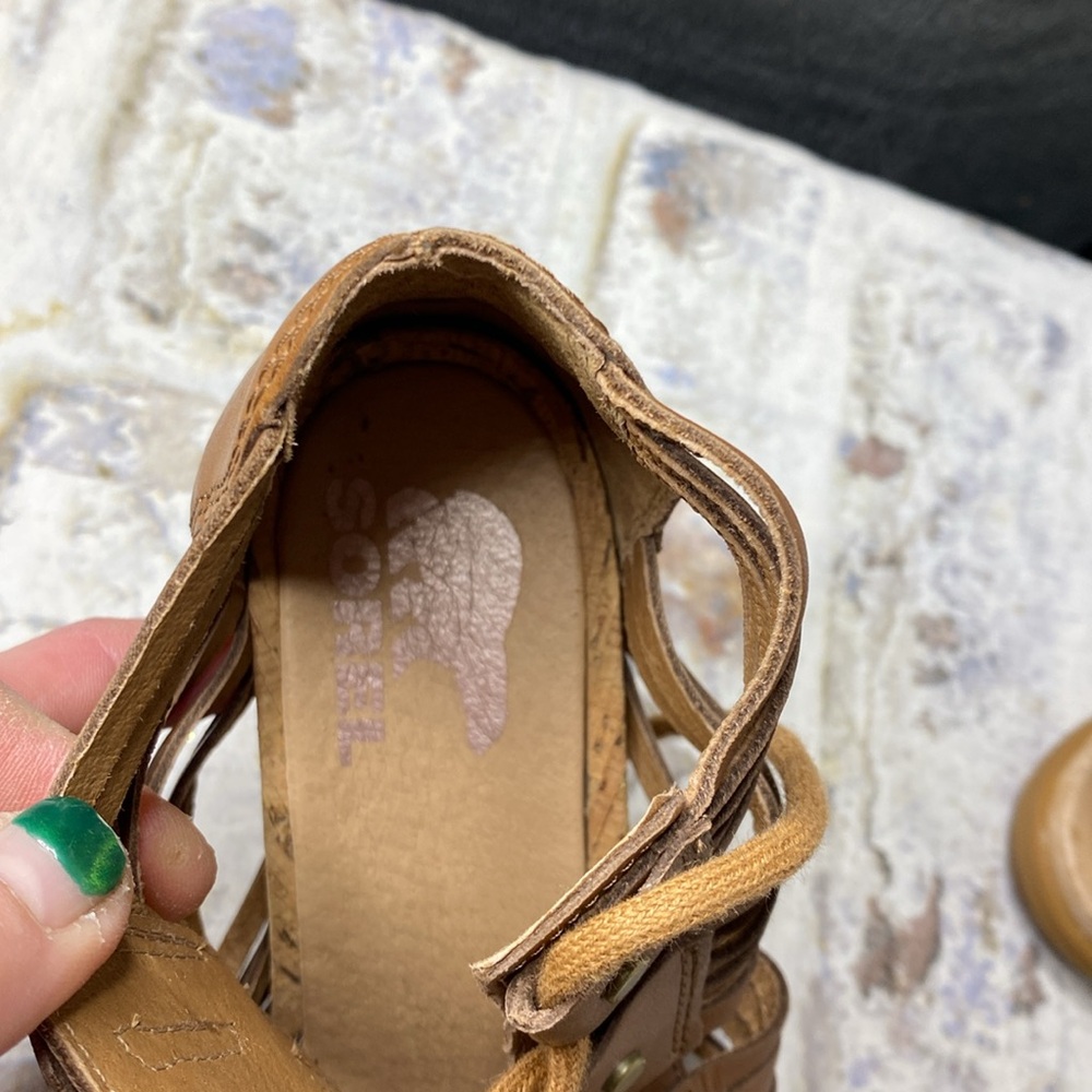 Sorel Brown Leather Lace-Up Wedge Sandals - Picture 8 of 9